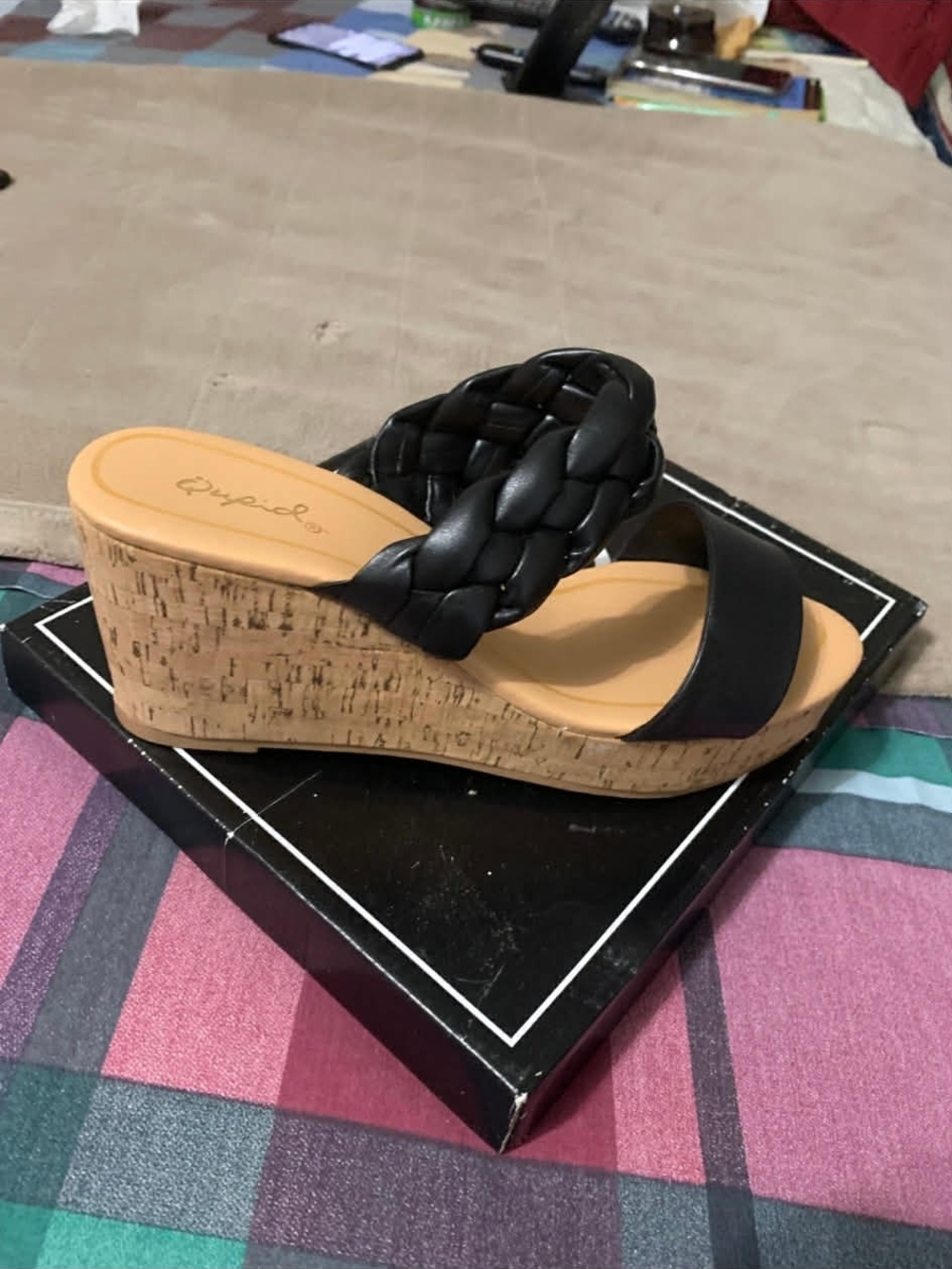 Qupid Black Braided Strap Cork Wedge Sandal